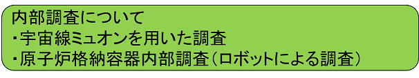 内部調査について・宇宙線ミュオンを用いた調査・原子炉格納容器内部調査(ロボットによる調査)/内部調査技術開発の詳細説明に移動します。