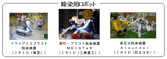 除染用ロボット（原子炉建屋1階低所用）写真（ドライアイスブラスト・除染装置、東芝/吸引・ブラスト除染装置MEISTeR,三菱重工/高圧水除染装置Arounder,日立GE）