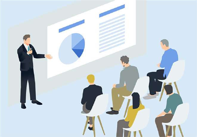 スクリーンに資料を写して会議をする人々のイラスト