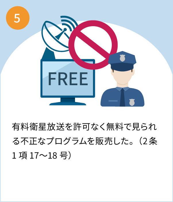 5 有料衛星放送を許可なく無料で見られる不正なプログラムを販売したら逮捕された。（2条1項17〜18号）
