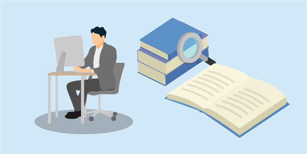 パソコンで検索する人と本のイラスト