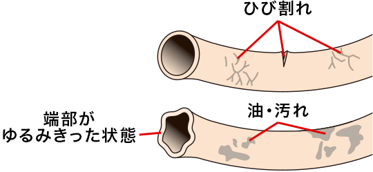 ひび割れて固くなったゴム管は交換しましょう！