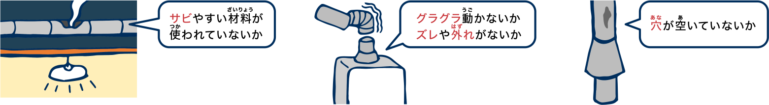 サビやすい材料が使われていないか、グラグラ動かないか、ズレや外れていないか、穴が空いていないか
