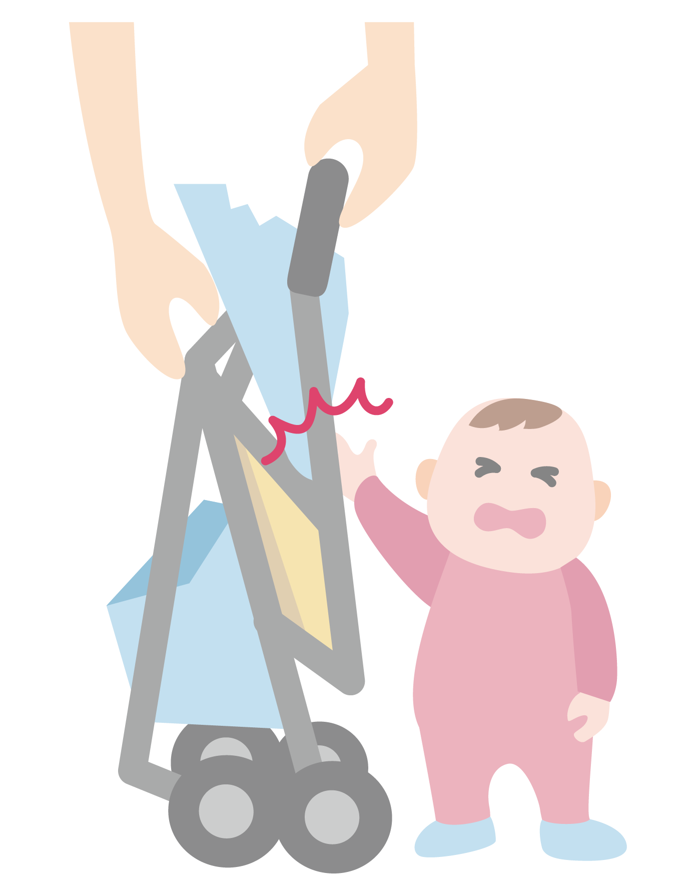 子供の手が触れているところでベビーカーをたたんでいるイラスト