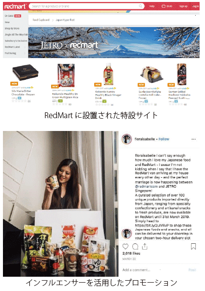 RedMart に設置された特設サイト（上）、インフルエンサーを活用したプロモーション（下）