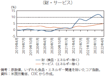 米国における消費者物価指数（財・サービス別、前年同月比）のグラフ