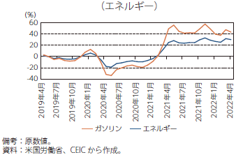 米国におけるエネルギーの消費者物価指数（前年同月比）のグラフ