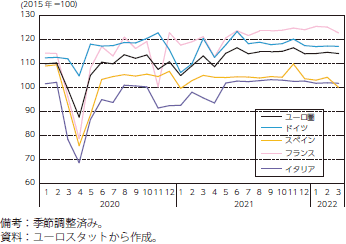 ユーロ圏の小売売上高指数の推移（国別）のグラフ