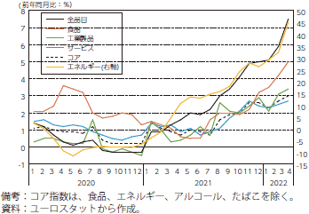 ユーロ圏の消費者物価上昇率の推移（品目別）のグラフ
