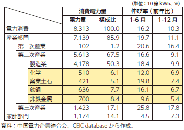 中国の電力消費（2021年）の表