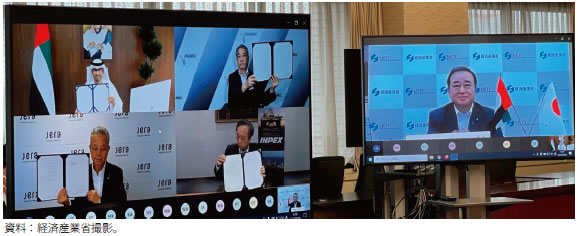 2021年7月梶山経済産業大臣とジャーベル・アブダビ国営石油会社（ADNOC）CEO兼産業・先端技術　大臣とのTV会談後に実施された署名式の様子の図