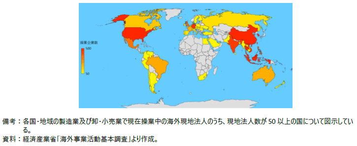 2019年における日本の製造業及び卸・小売業の海外現地法人数の図