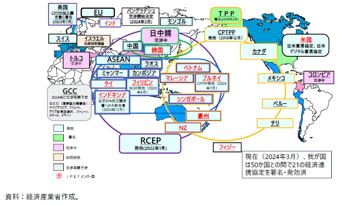 日本の経済連携の推進状況（2024年3月現在）の図