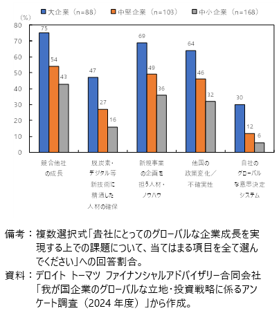 企業規模別で差の大きくなった項目（グローバルな企業成長の課題）の図
