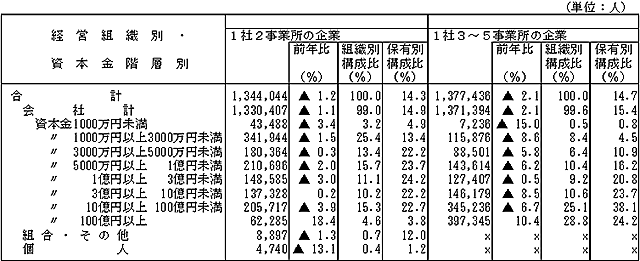 第3表　経営組織別・資本金階層別の従業者数