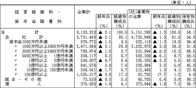 第3表　経営組織別・資本金階層別の従業者数