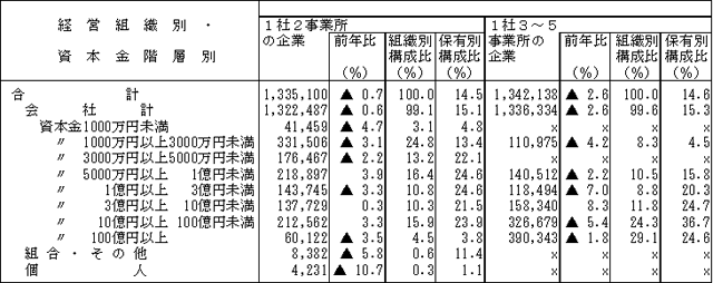 第3表　経営組織別・資本金階層別の従業者数