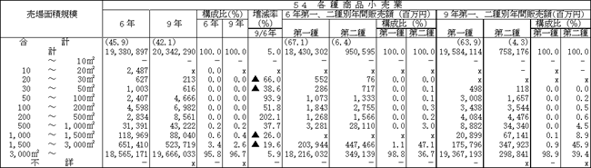 大規模小売店舗内小売商店の売場面積規模別、業種別の年間販売額（その１）