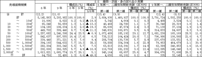 大規模小売店舗内小売商店の売場面積規模別、業種別の年間販売額（その１）