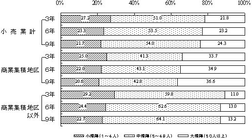 特性地区別の従業者規模別年間販売額構成比